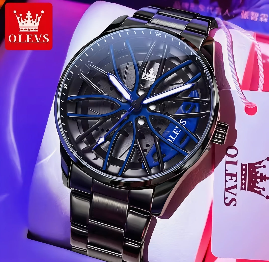 OLEVS Moda 360° Döner Kadran Kuvars İzle Erkekler için Spor Araba Jant Tekerlek Hub Su Geçirmez Aydınlık Paslanmaz Çelik erkek Kol Saati