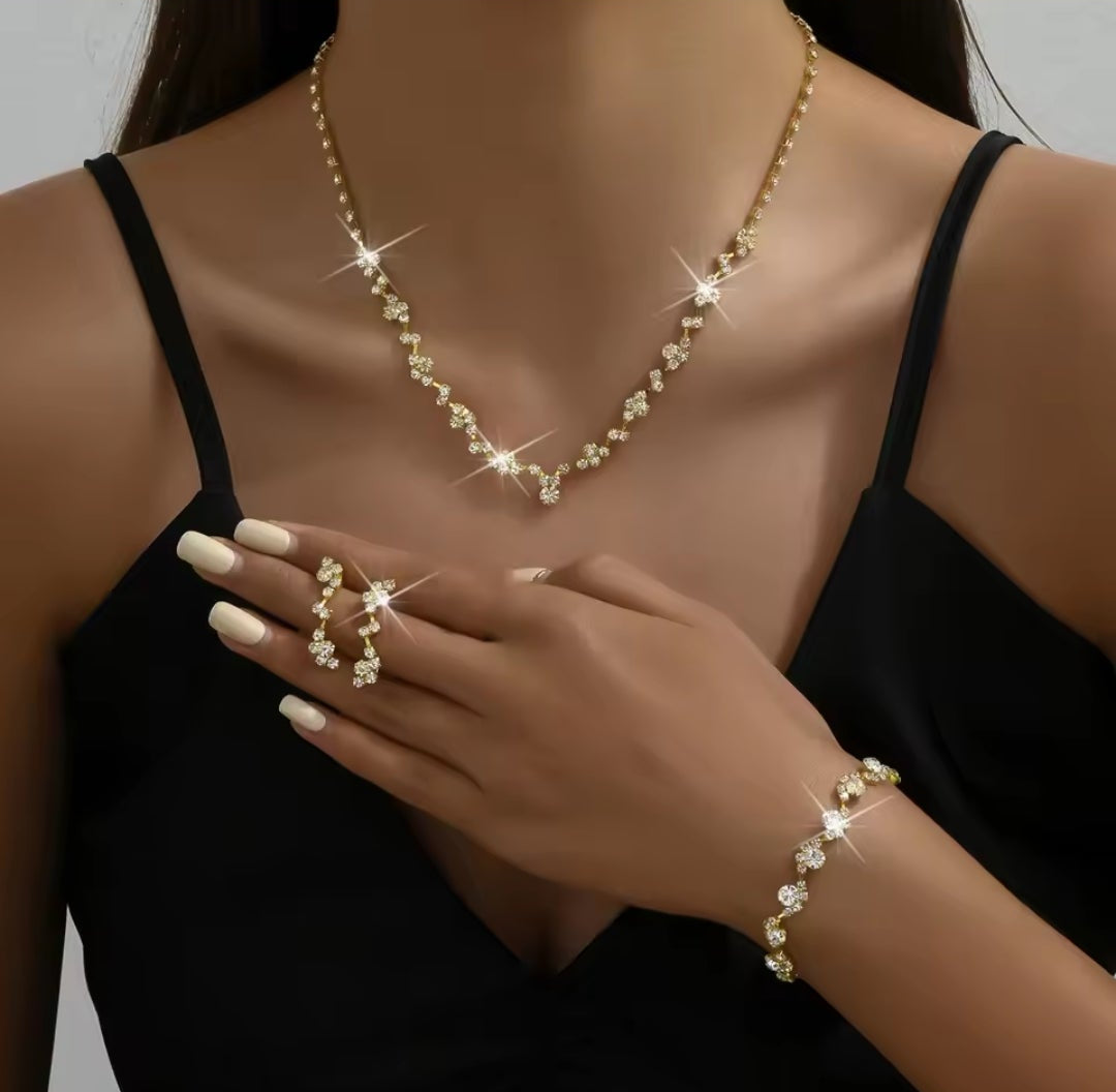 Küpe ve bilezik seti ile 4 parça kadın çiçek kolye, düğün parti aksesuarları