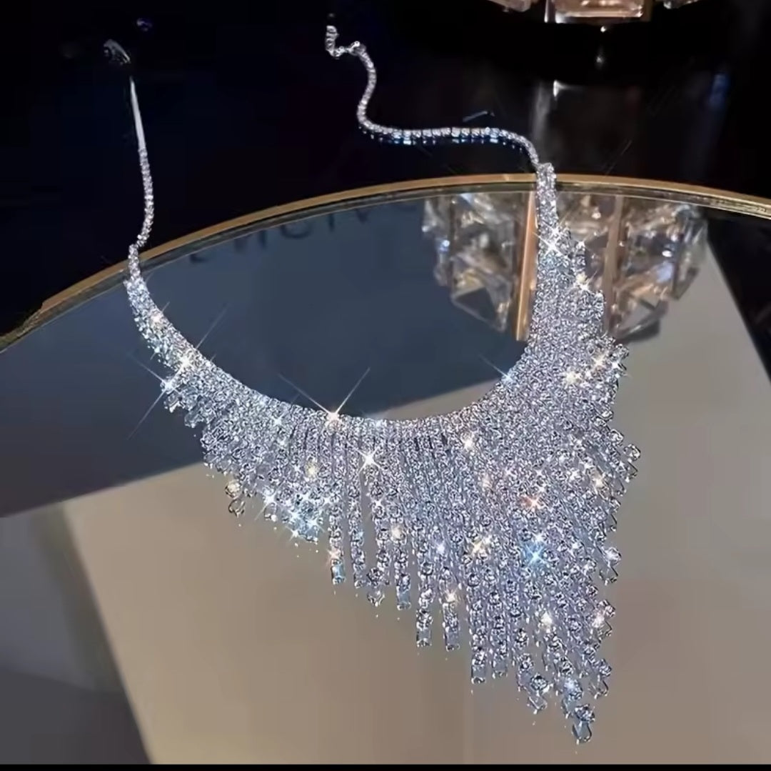 Kristal Püskül Kolye Kadınlar Için Parlak Geometrik Rhinestone Zincir Gerdanlık Kolye Elbise Gece Kulübü Caz Dans Takı