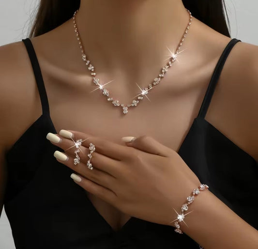 Küpe ve bilezik seti ile 4 parça kadın çiçek kolye, düğün parti aksesuarları