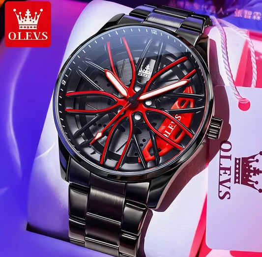 OLEVS Moda 360° Döner Kadran Kuvars İzle Erkekler için Spor Araba Jant Tekerlek Hub Su Geçirmez Aydınlık Paslanmaz Çelik erkek Kol Saati