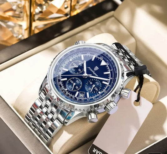 POEDAGAR En Çok Satan Su Geçirmez Işıklı Takvimli Paslanmaz Çelik Kronograf Kuvars Saat, Şık İş Tarzı Erkek Kuvars Kol Saati